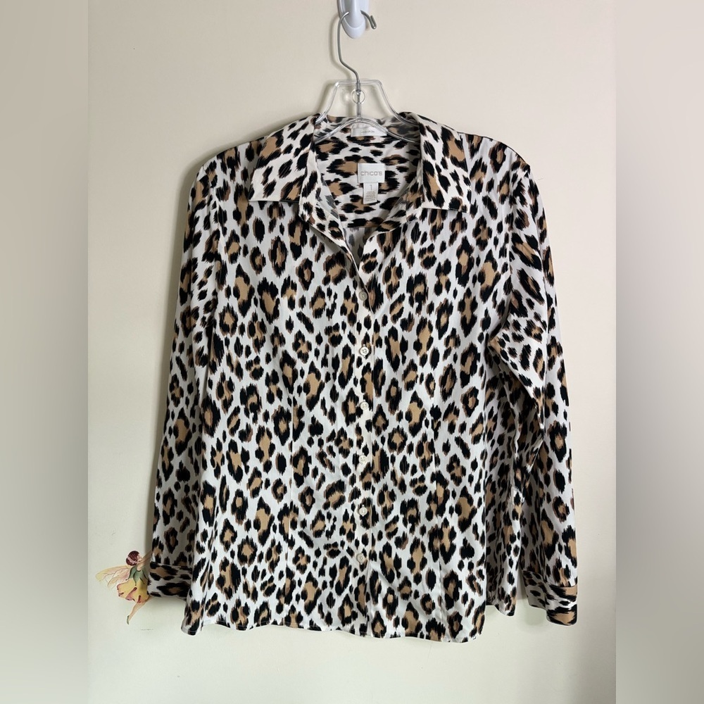 Chico's Blouse Top Size 1(M) Animal/Leopard Print Button-Down Long sleeve Cotton - Picture 3 of 11